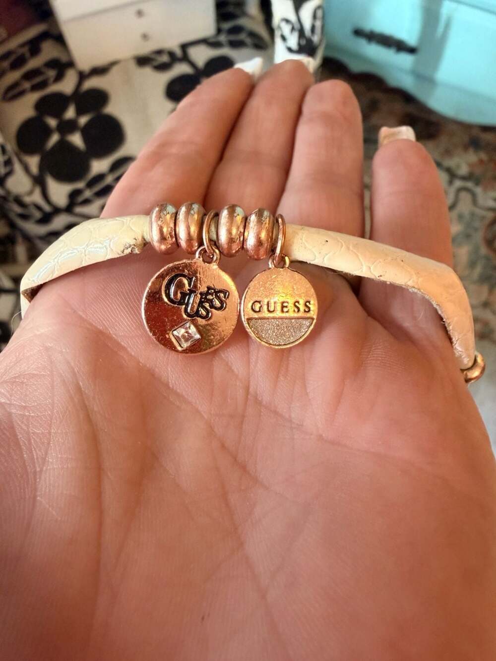 GUESS Rose Gold-Tone Faux Leather Bracelet with Charms and Rhinestones